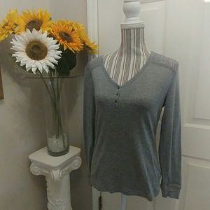 Chaps Knit Henley Top with Lace Trim